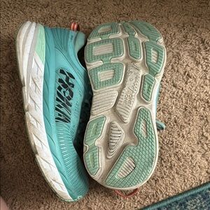 Hoka Green and White Athletic Shoes with Breathable Knit Design